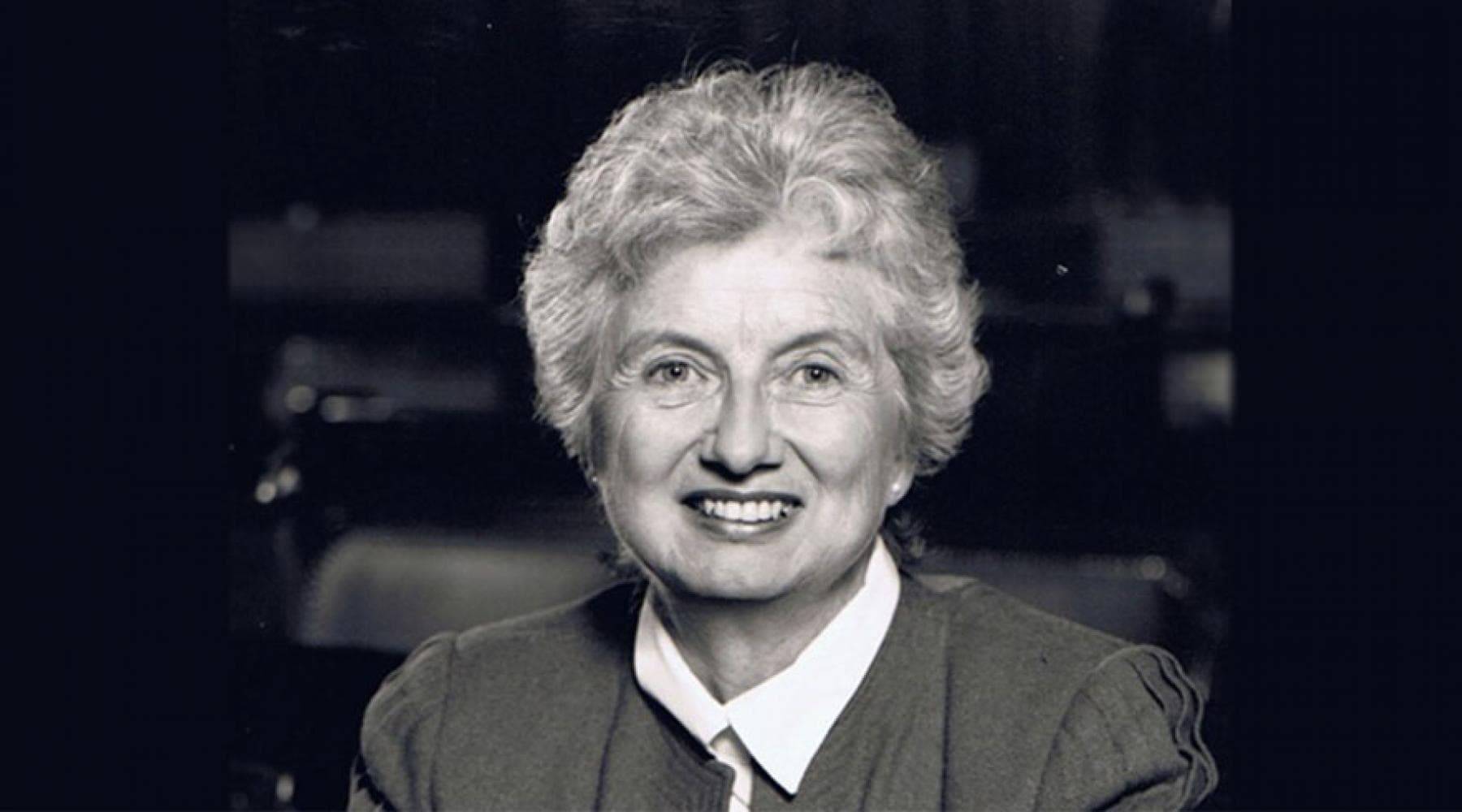Black and white portrait of Margaret MP smiling
