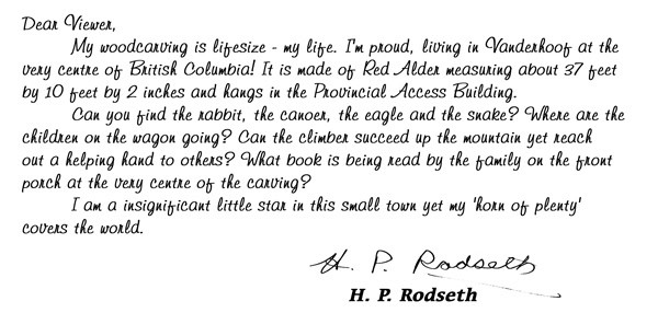 Handwritten-style quote by HP Rodseth describing a large red alder woodcarving in Vanderhoof, BC