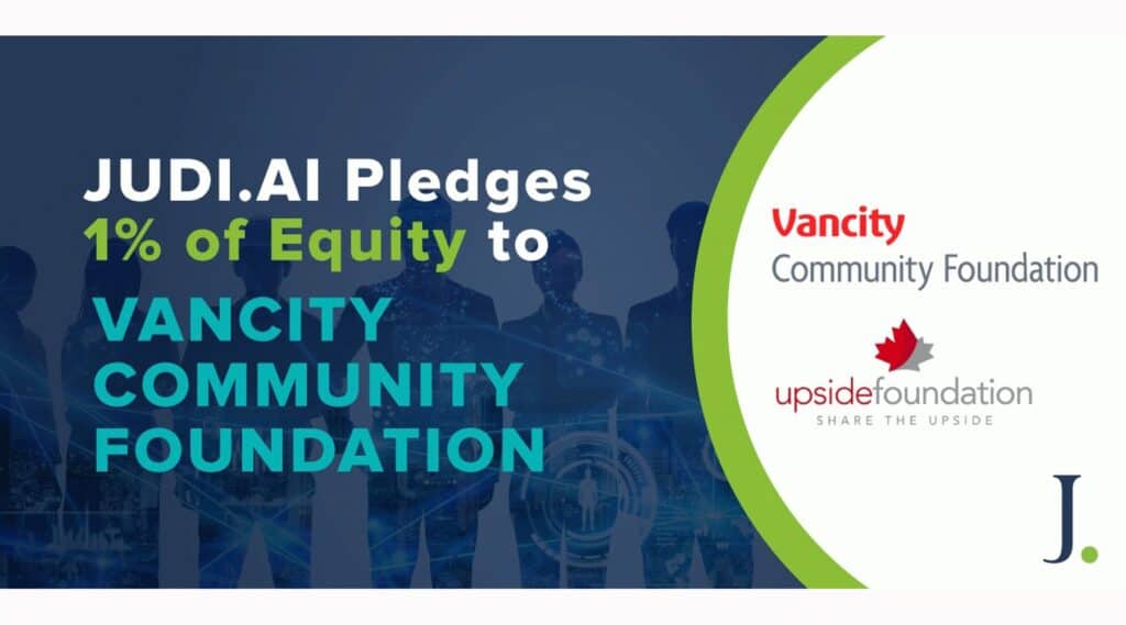 Graphic announcing JUDI.AI pledging 1% of equity to the Vancity Community Foundation.