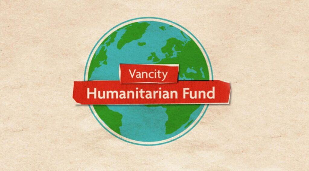 Logo graphic for the Vancity Humanitarian Fund over a globe illustration.