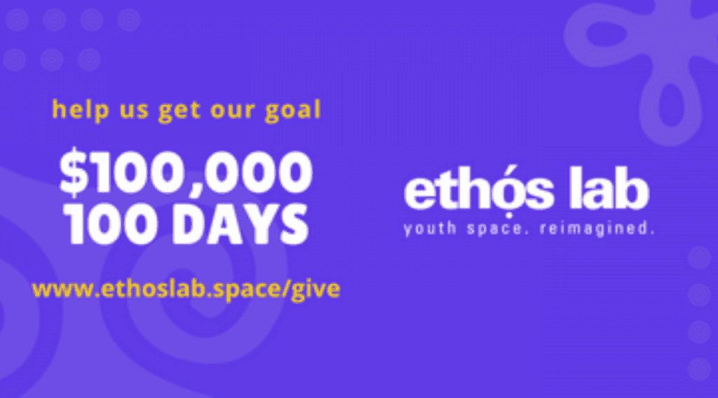 Graphic promoting Ethos Lab fundraising campaign to raise $100,000 in 100 days.