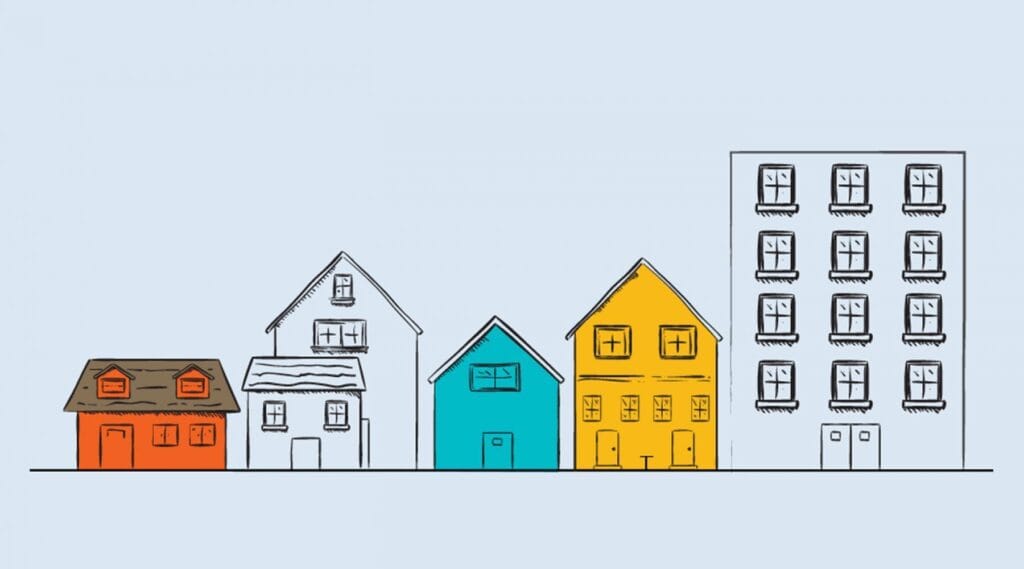 Clear background Illustration of small homes and an apartment building