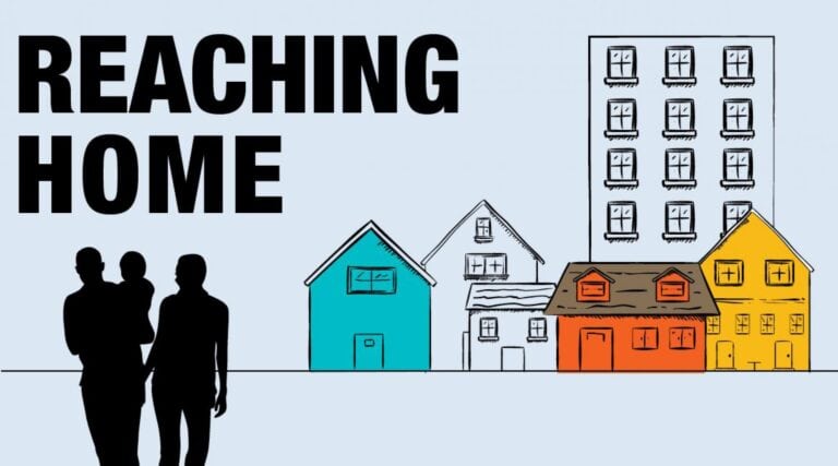 Illustration of small homes and an apartment building, a family silhouette under the words "reaching home" written to the left.