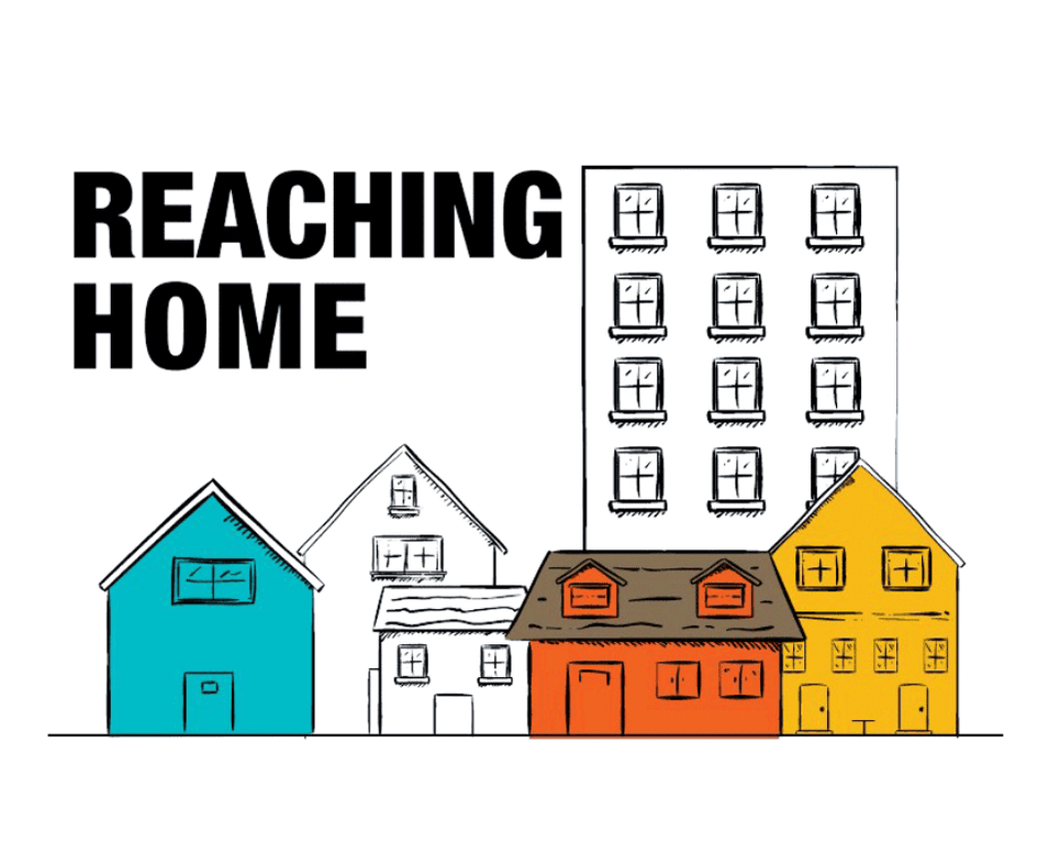 Clear background illustration of small homes and an apartment building, with the words "reaching home" written to the left