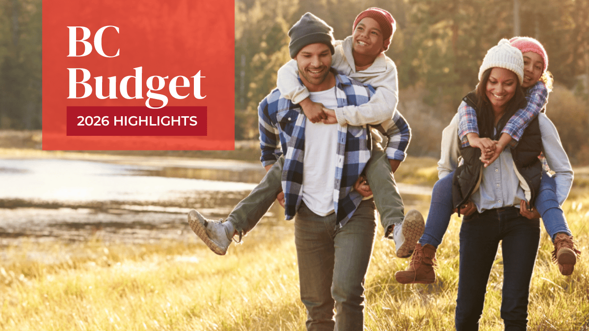 Graphic reading “BC Budget 2026 Highlights” beside an image of adults carrying children on their backs while walking near a lake.